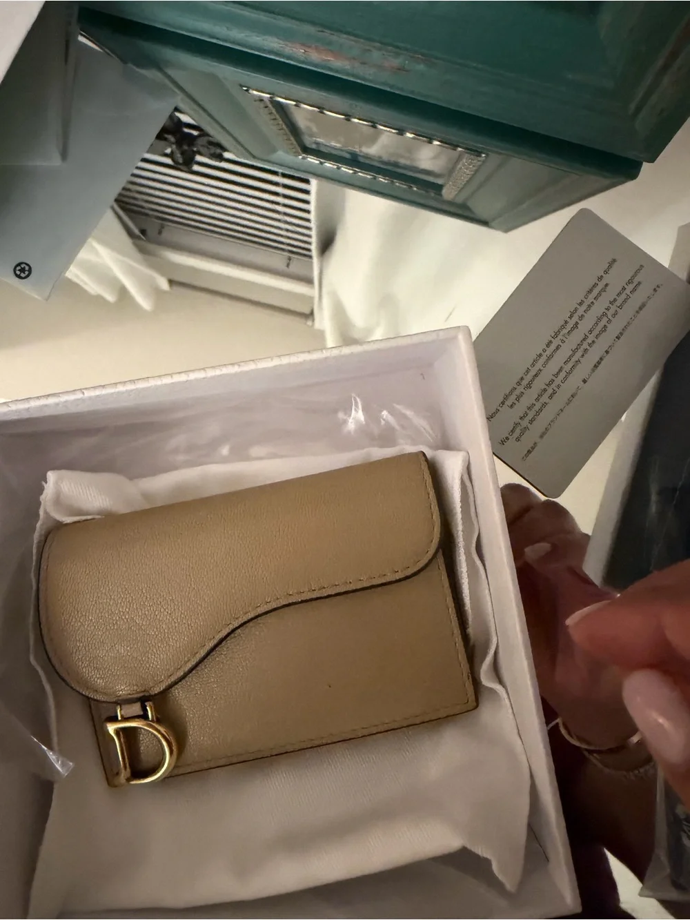 Dior Taupe Saddle Card Case with Gold 'D' Charm